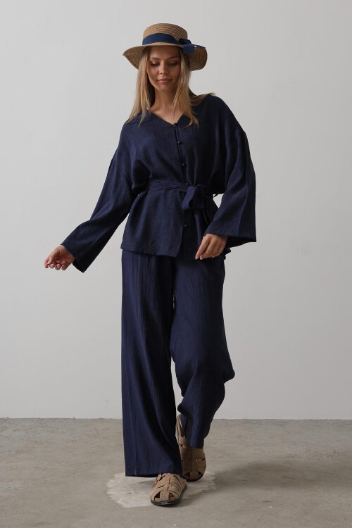 Lacivert Beli Bağlamalı Tunik Ve Beli Bağlamalı Pantolon Takım