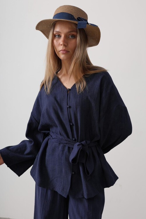 Lacivert Beli Bağlamalı Tunik Ve Beli Bağlamalı Pantolon Takım