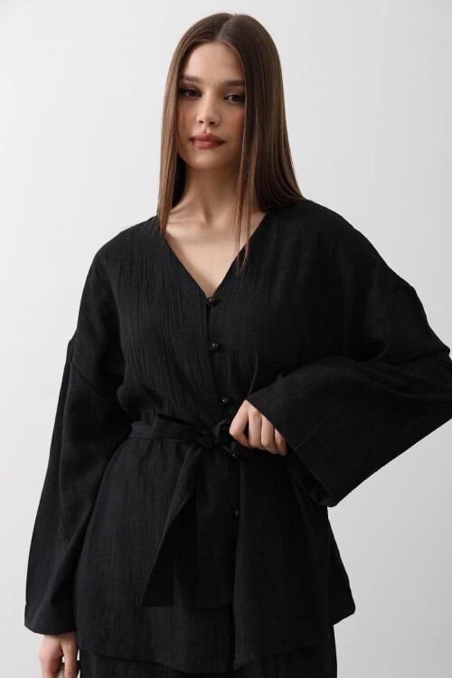 Siyah Beli Bağlamalı Tunik Ve Beli Bağlamalı Pantolon Takım