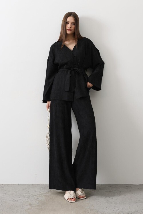 Siyah Beli Bağlamalı Tunik Ve Beli Bağlamalı Pantolon Takım