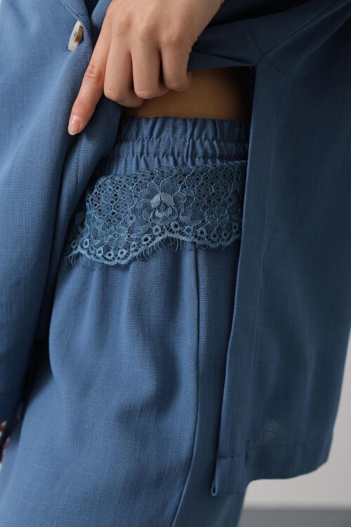 İndigo Beli Dantel Detaylı Keten Pantolon