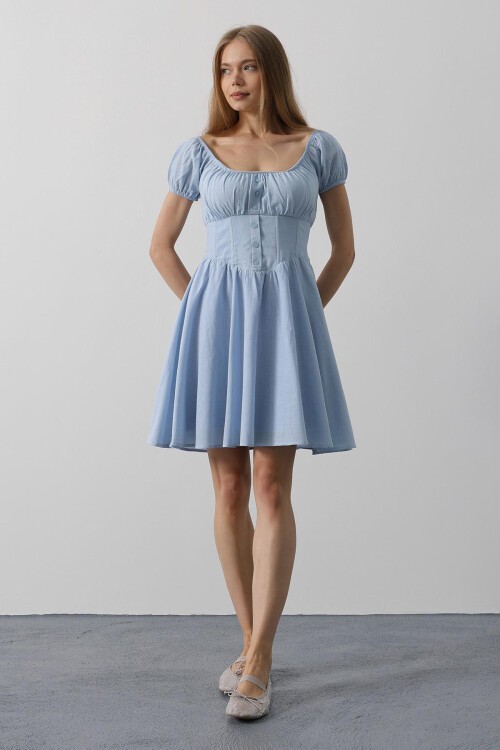 Bebe Mavisi U Yaka Düğme Detaylı Beli Korseli Mini Elbise