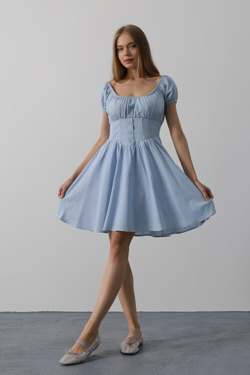 Bebe Mavisi U Yaka Düğme Detaylı Beli Korseli Mini Elbise