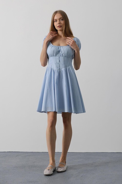 Bebe Mavisi U Yaka Düğme Detaylı Beli Korseli Mini Elbise