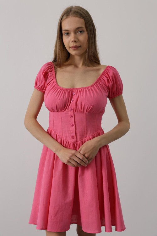 Fuşya U Yaka Düğme Detaylı Beli Korseli Mini Elbise