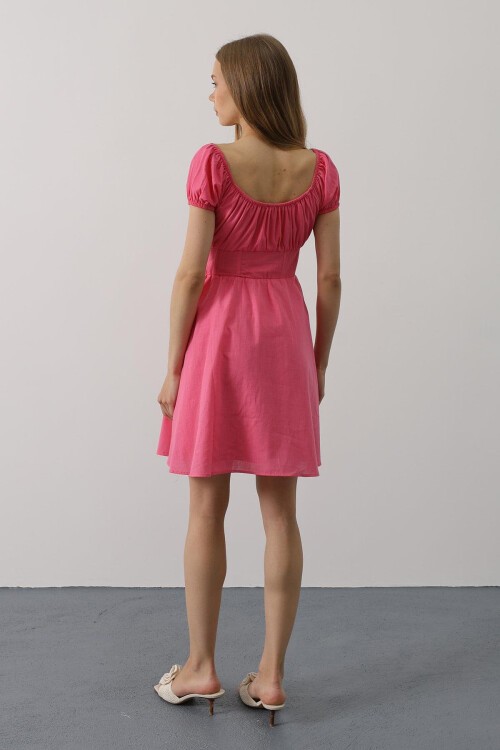 Fuşya U Yaka Düğme Detaylı Beli Korseli Mini Elbise