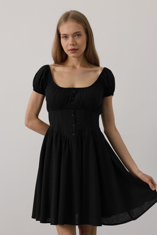 Siyah U Yaka Düğme Detaylı Beli Korseli Mini Elbise