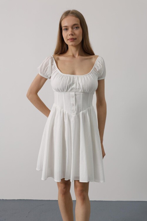 Beyaz U Yaka Düğme Detaylı Beli Korseli Mini Elbise