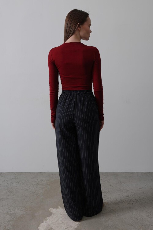 Lacivert Beyaz Çift Cepli Beli Lastikli Ve Bağcıklı Palazzo Pantolon