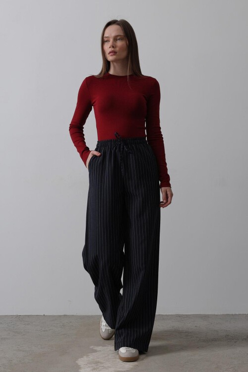 Lacivert Beyaz Çift Cepli Beli Lastikli Ve Bağcıklı Palazzo Pantolon