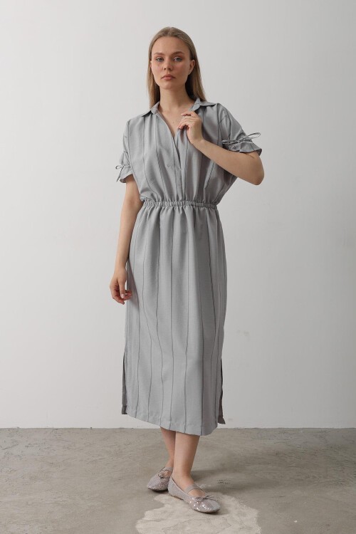 Gri Gömlek Yaka Beli Ve Kolu Lastikli Çizgili Elbise