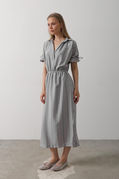 Gri Gömlek Yaka Beli Ve Kolu Lastikli Çizgili Elbise