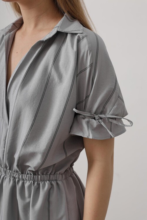 Gri Gömlek Yaka Beli Ve Kolu Lastikli Çizgili Elbise