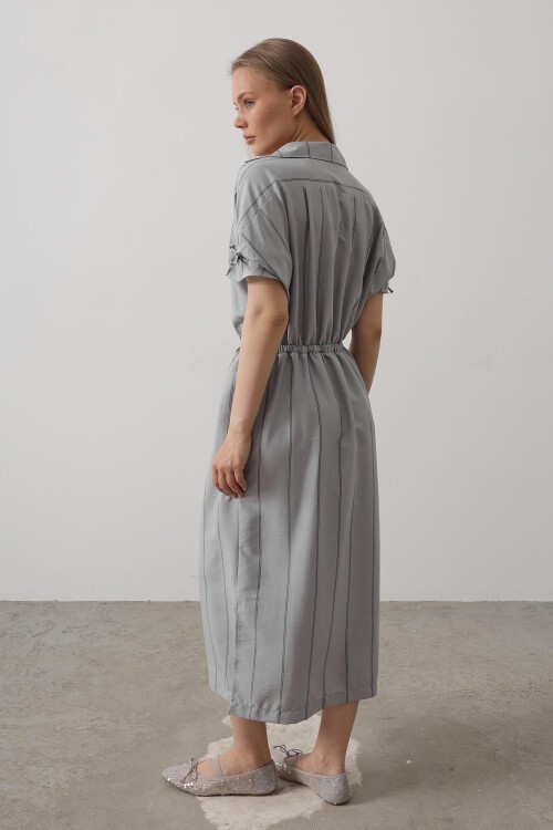 Gri Gömlek Yaka Beli Ve Kolu Lastikli Çizgili Elbise