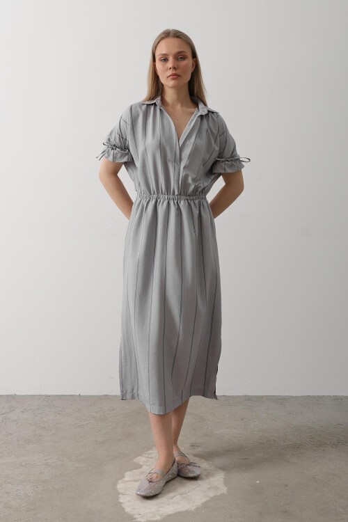 Gri Gömlek Yaka Beli Ve Kolu Lastikli Çizgili Elbise