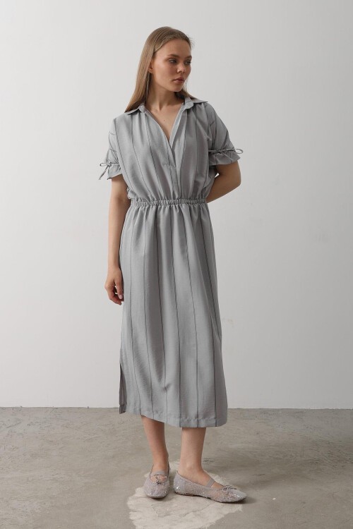 Gri Gömlek Yaka Beli Ve Kolu Lastikli Çizgili Elbise