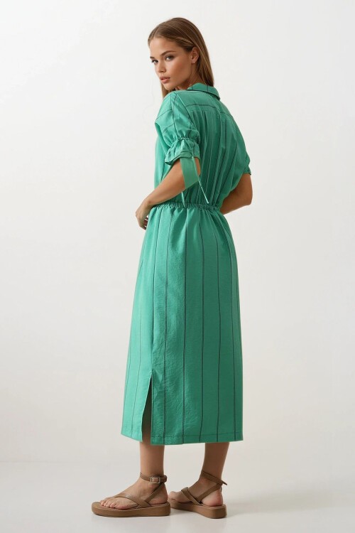 Yeşil Gömlek Yaka Beli Ve Kolu Lastikli Çizgili Elbise