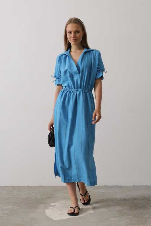 Mavi Gömlek Yaka Beli Ve Kolu Lastikli Çizgili Elbise