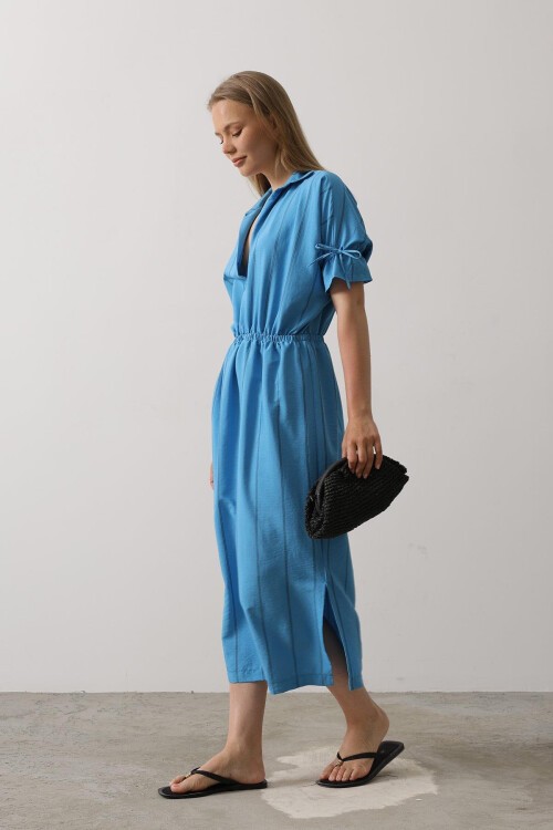 Mavi Gömlek Yaka Beli Ve Kolu Lastikli Çizgili Elbise