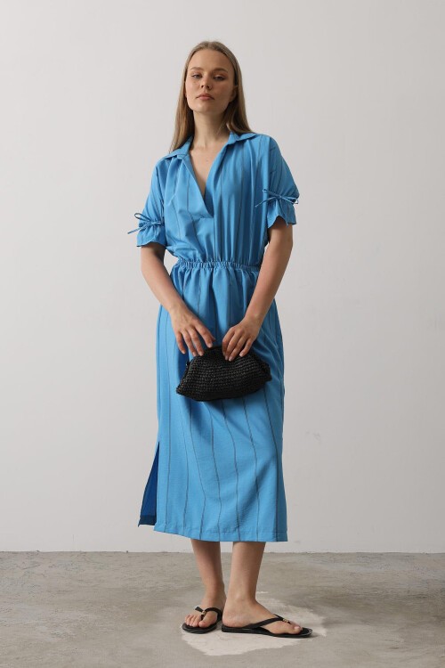 Mavi Gömlek Yaka Beli Ve Kolu Lastikli Çizgili Elbise