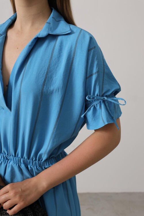 Mavi Gömlek Yaka Beli Ve Kolu Lastikli Çizgili Elbise