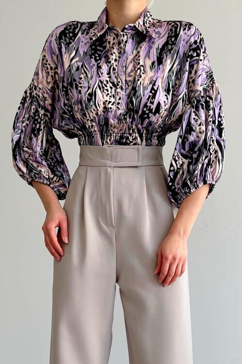 Lila Beli Lastikli Saten Gömlek