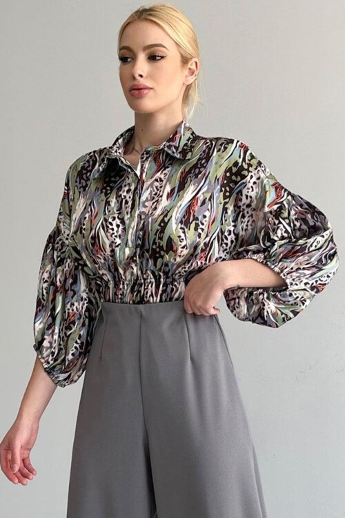 Yeşil Beli Lastikli Saten Gömlek