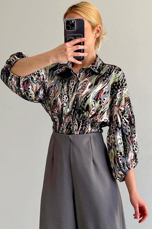 Yeşil Beli Lastikli Saten Gömlek