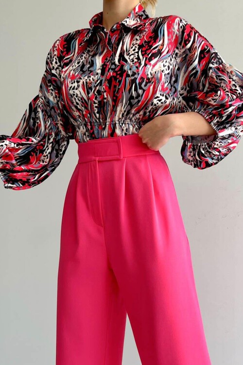 Fuşya Beli Lastikli Saten Gömlek