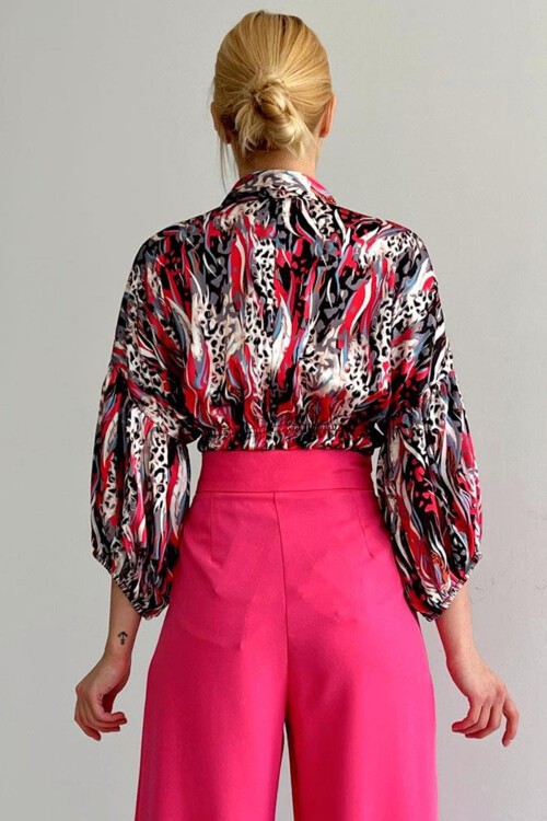 Fuşya Beli Lastikli Saten Gömlek