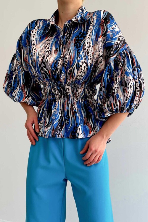 Mavi Beli Lastikli Saten Gömlek