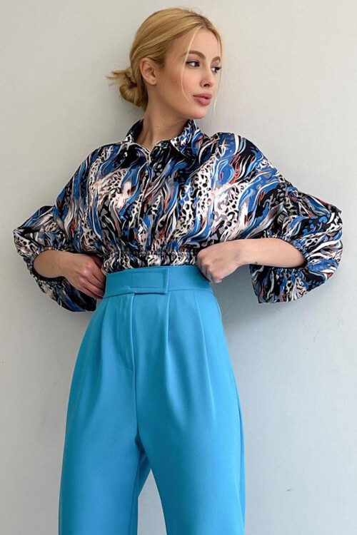 Mavi Beli Lastikli Saten Gömlek