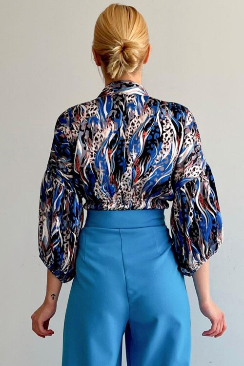 Mavi Beli Lastikli Saten Gömlek