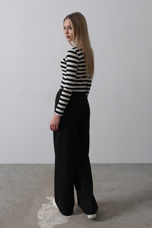 Siyah Çift Cepli Beli Yarım Lastikli Palazzo Pantolon