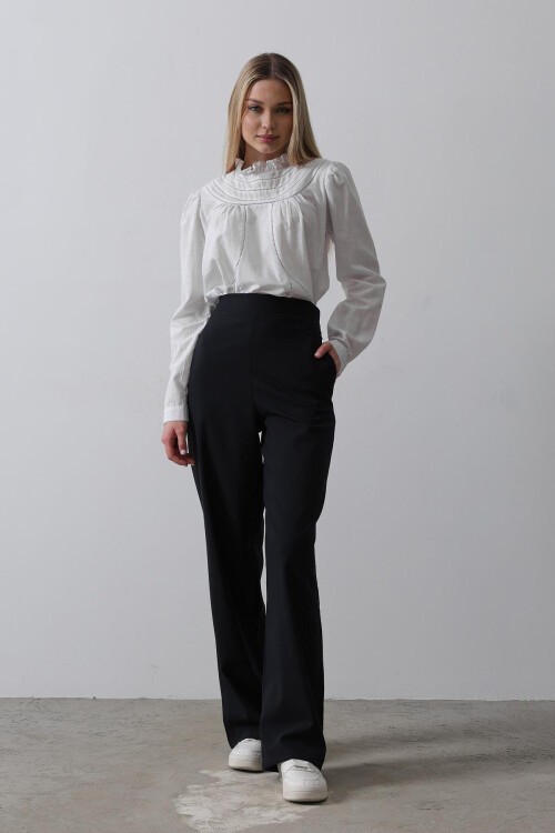 Lacivert Çift Cepli Beli Yarım Lastikli Palazzo Pantolon