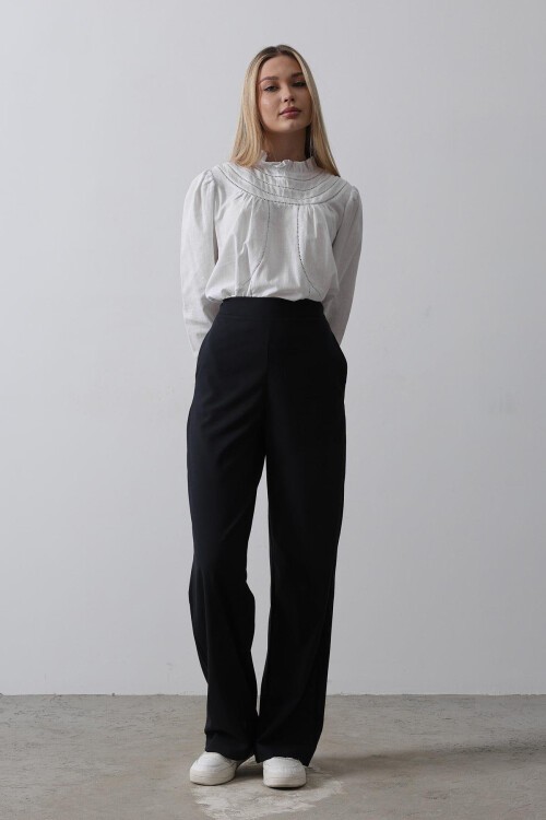 Lacivert Çift Cepli Beli Yarım Lastikli Palazzo Pantolon