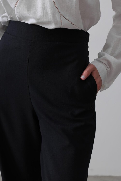 Lacivert Çift Cepli Beli Yarım Lastikli Palazzo Pantolon