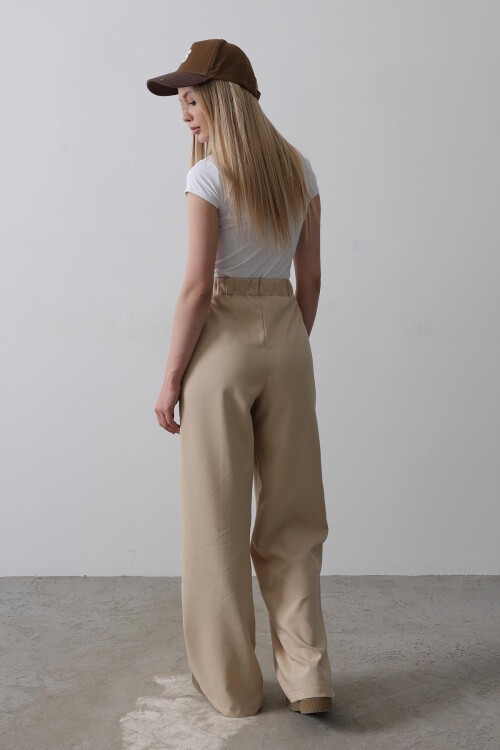 Camel Çift Cepli Beli Yarım Lastikli Palazzo Pantolon