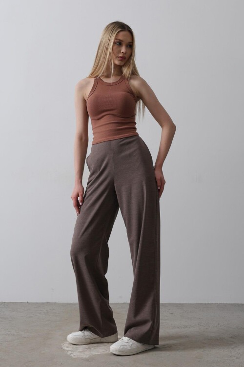 Kahve Çift Cepli Beli Yarım Lastikli Palazzo Pantolon