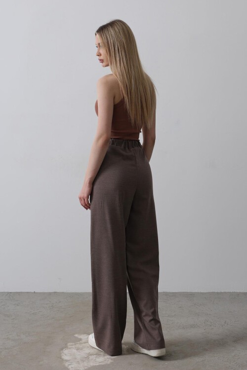 Kahve Çift Cepli Beli Yarım Lastikli Palazzo Pantolon