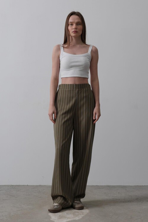 Haki Beli Yarım Lastikli Çizgili Palazzo Pantolon