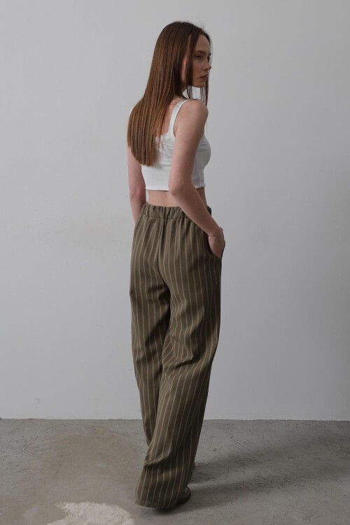 Haki Beli Yarım Lastikli Çizgili Palazzo Pantolon
