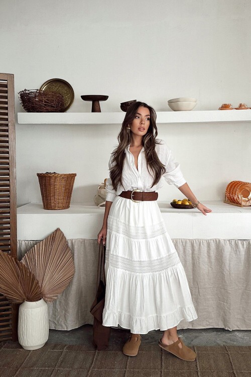 Beyaz Güpürlü Beli Lastikli Midi Boy Dokuma Etek