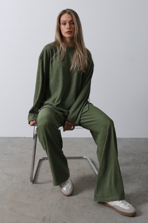 Haki Fitilli Bluz Ve Palazzo Pantolon Takım