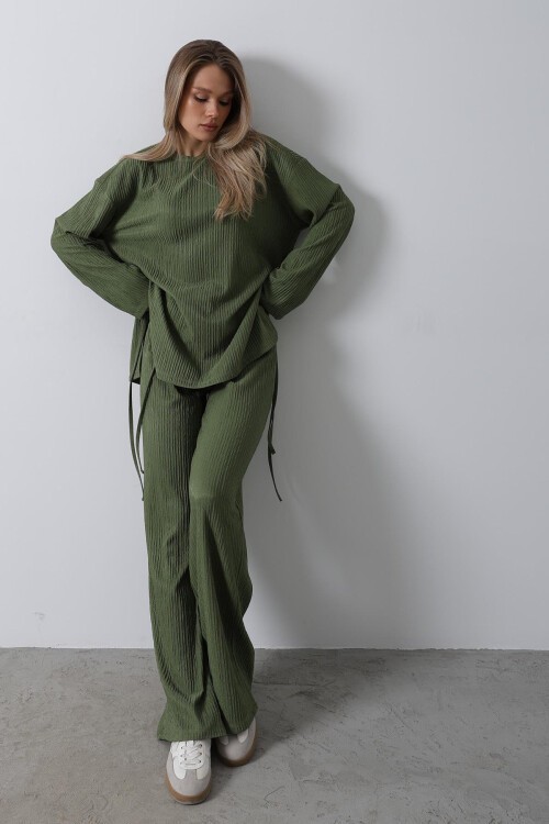 Haki Fitilli Bluz Ve Palazzo Pantolon Takım