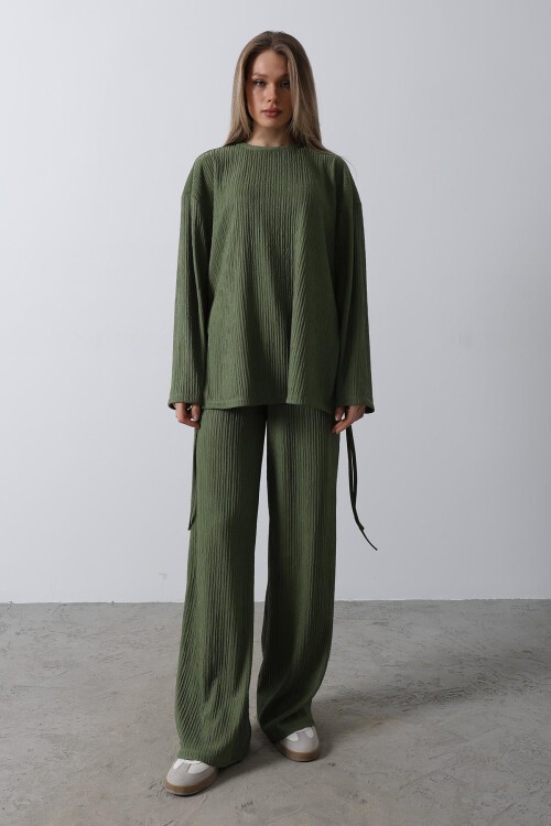 Haki Fitilli Bluz Ve Palazzo Pantolon Takım