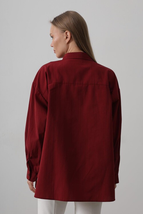 Bordo Boncuk Nakış Detaylı Oversize Gömlek