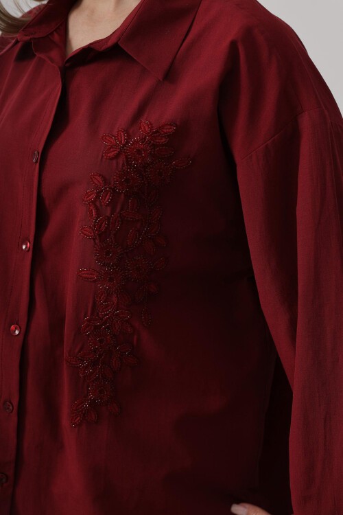 Bordo Boncuk Nakış Detaylı Oversize Gömlek