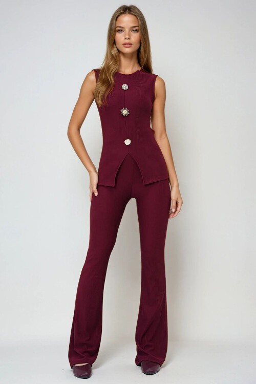 Bordo Bisiklet Yaka Gold Düğmeli Önden Yırtmaçlı Ottoban Bluz Ve İspanyol Paça Pantolon Takım