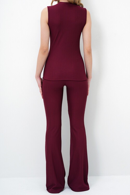 Bordo Bisiklet Yaka Gold Düğmeli Önden Yırtmaçlı Ottoban Bluz Ve İspanyol Paça Pantolon Takım